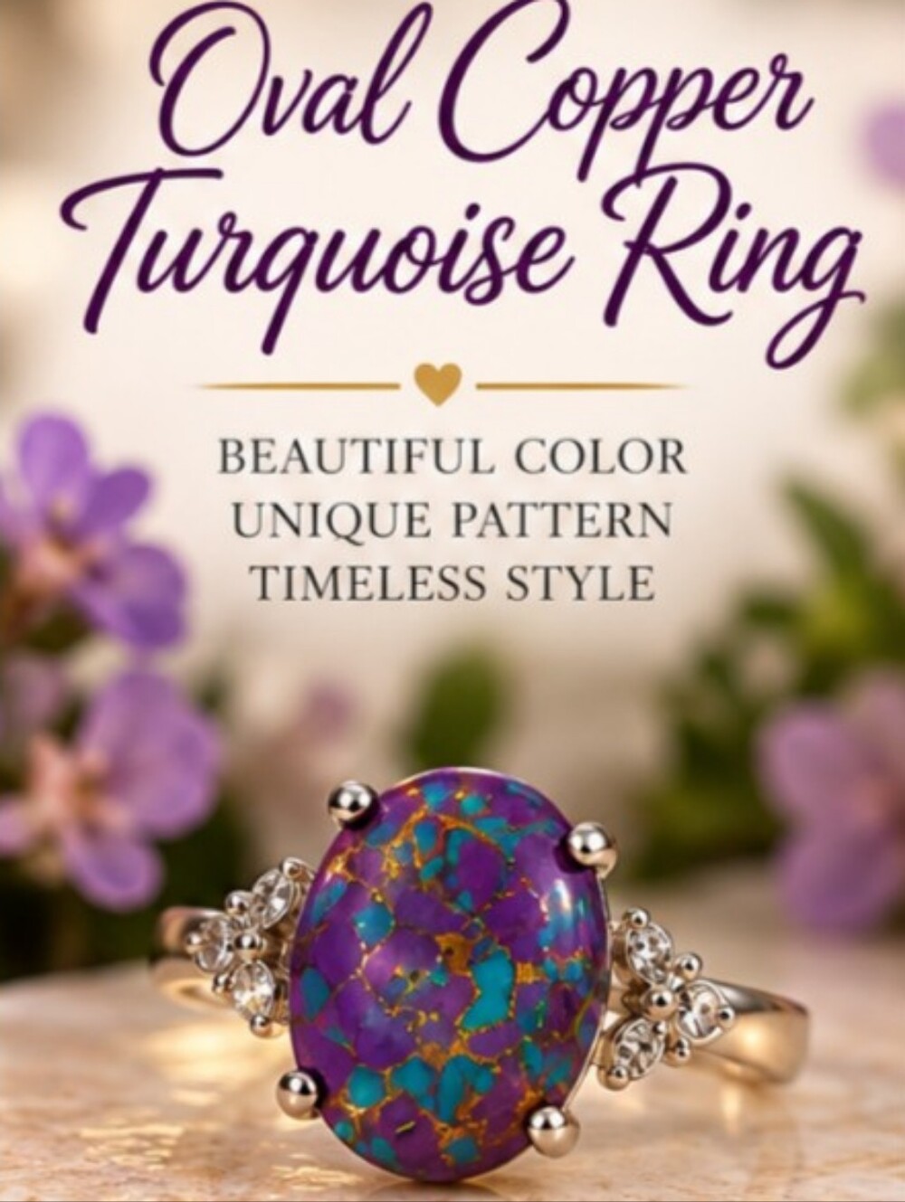 Purple Copper Turquoise Oval Ring | Silver Tone Statement Gemstone Size 7